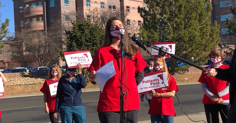 Nurses holding press conference in front of hospital