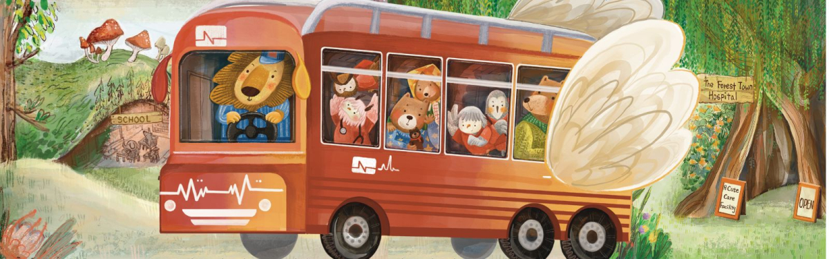 Artwork of Medi Bear Saves the Hospital characters in bus