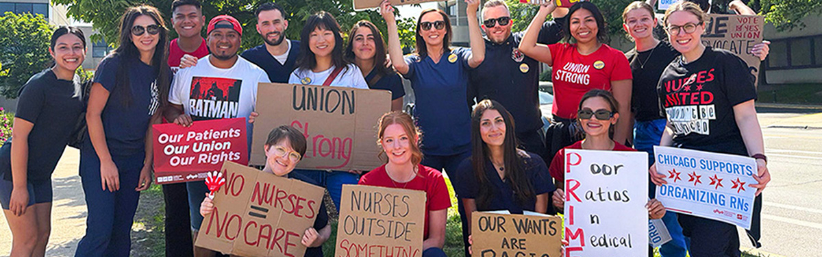 Nurses outside, smiling, holding signs "Union Strong" and "No Nurses, No Care"