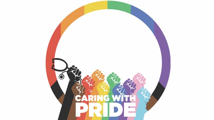 "Caring with Pride" raised fists graphic