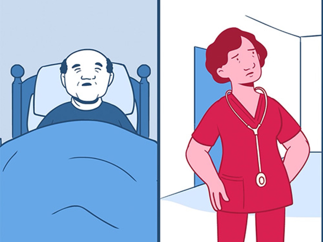 Illustration of nurse at hospital and patient at home