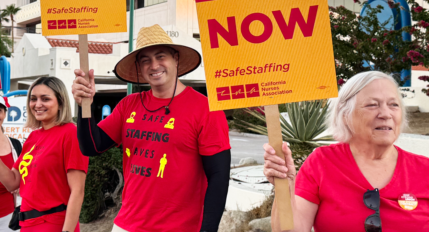 Tenet nurses holding signs and shirt "Safe staffing now" "Safe staffing saves lives"