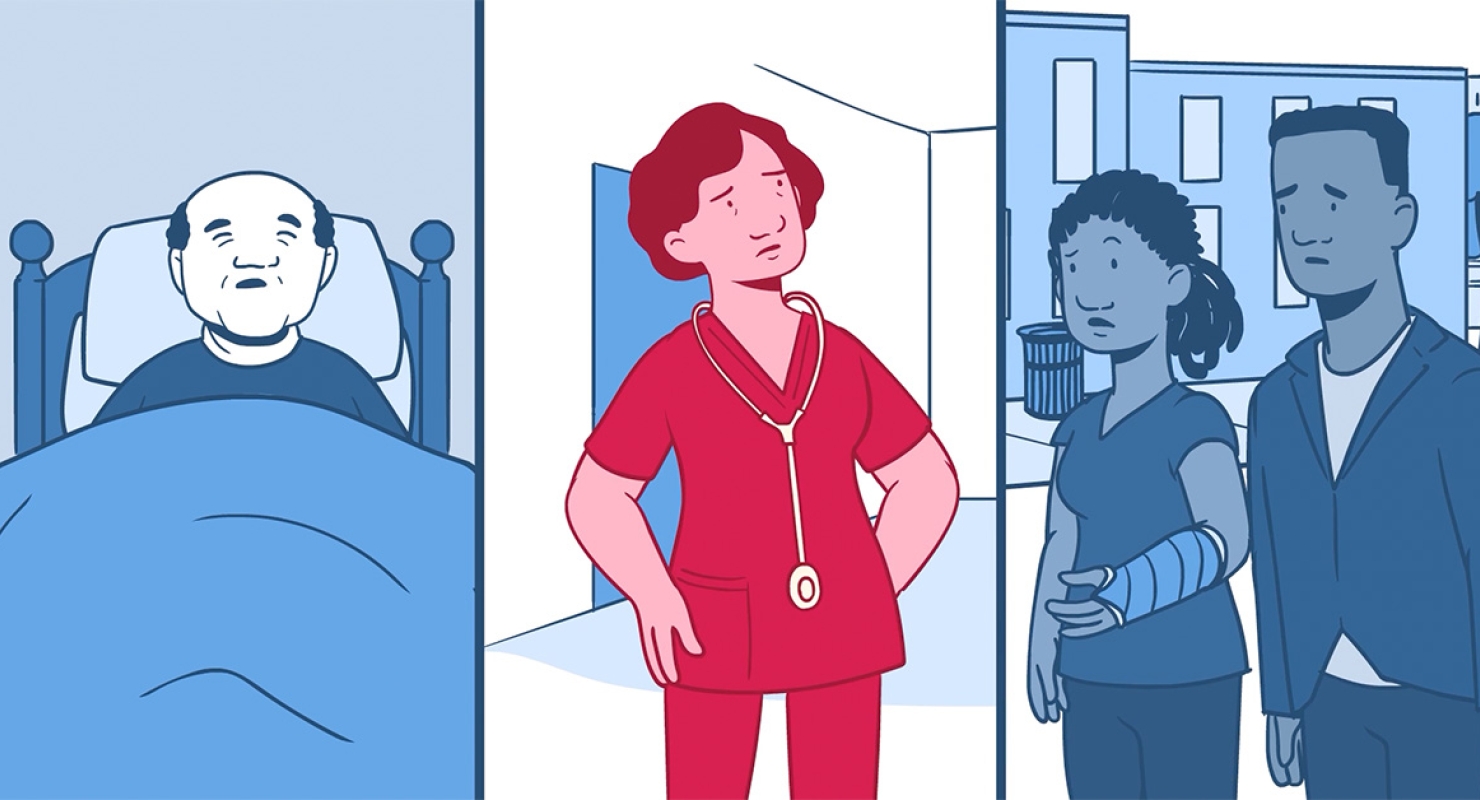 Animation of nurse alone in hospital, patient alone at home