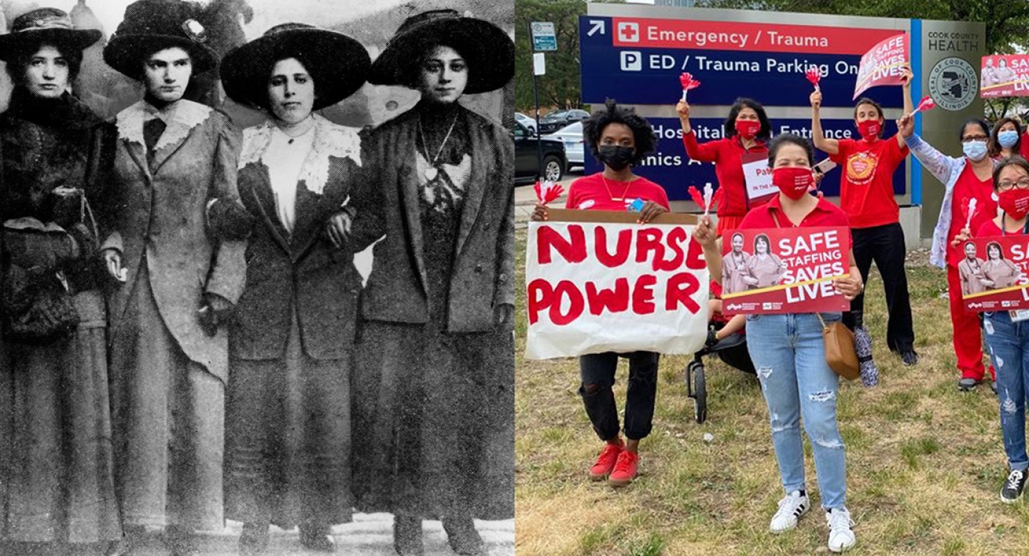 Side by side images of striking women in 1909 and present day