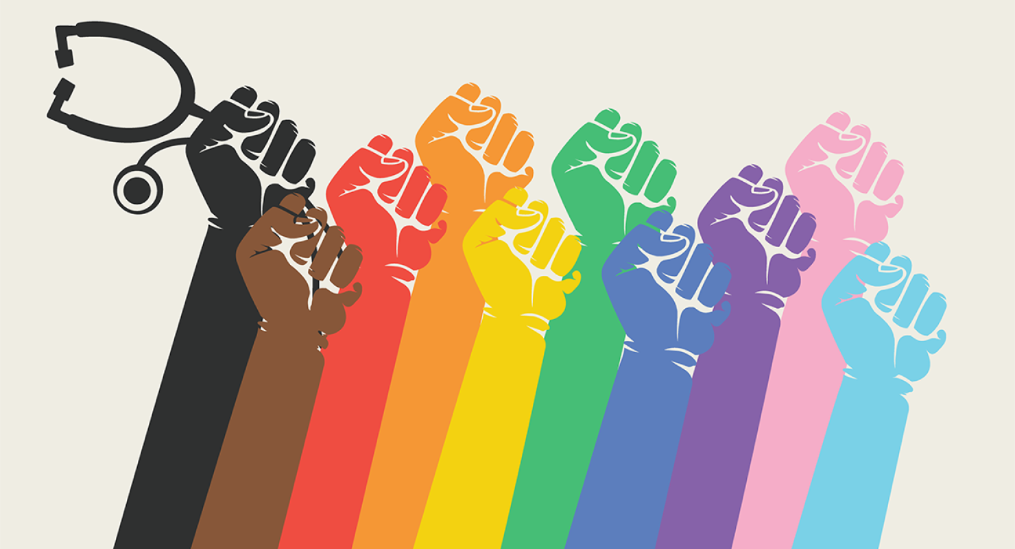 Rainbow fists raised. One arm/hand with a stethoscope.