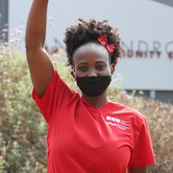 Nurse with raised fist