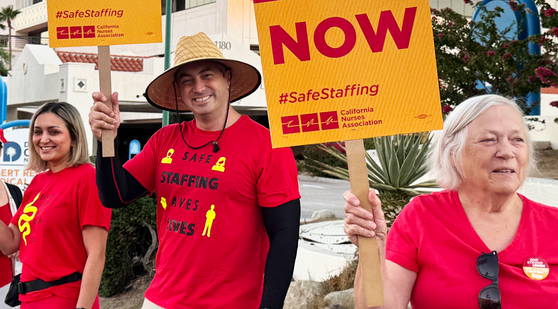 Tenet nurses holding signs and shirt "Safe staffing now" "Safe staffing saves lives"