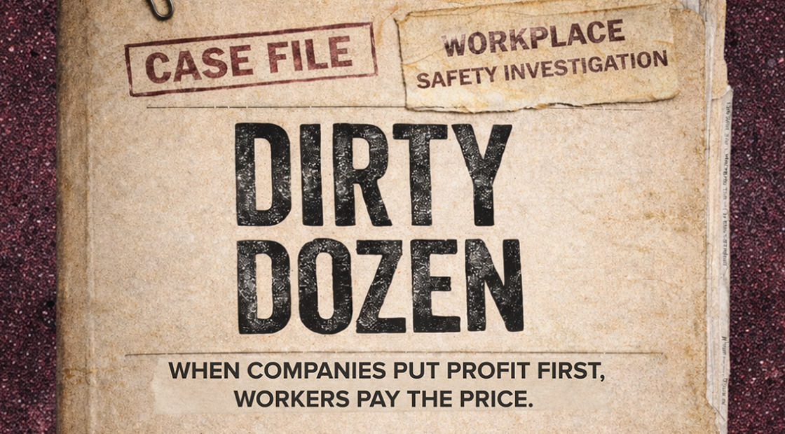 Illustrated cover of Dirty Dozen report "Case File: Workplace Safety Investigation. Dirty Dozen. When companies put profit first, workers pay the price."