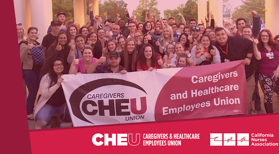 Group of workers holding CHEU banner, CHEU and CNA logos