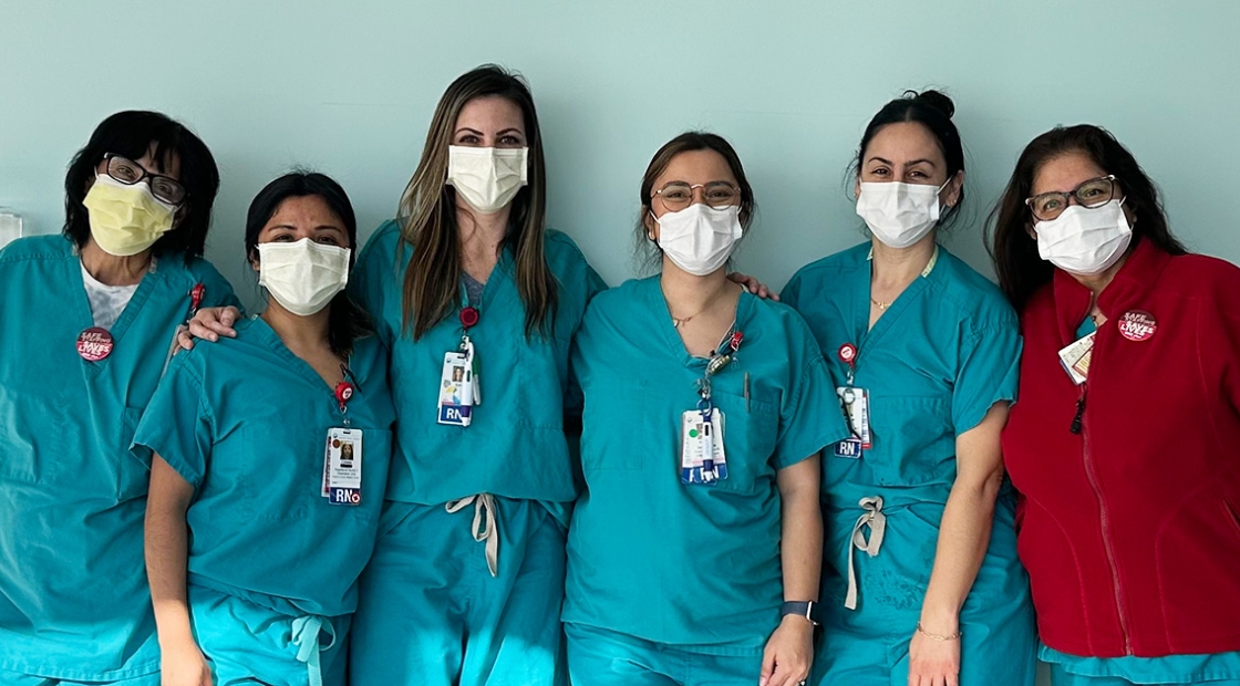 Group of six nurses standing side-by-side inside hospital
