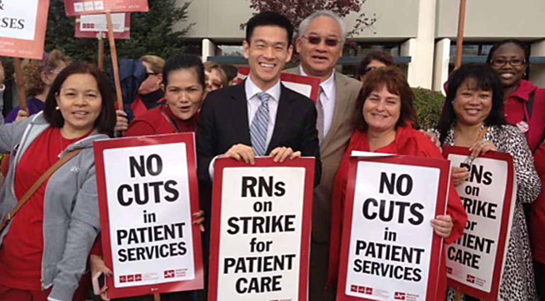Evan Low visits strike line with nurses