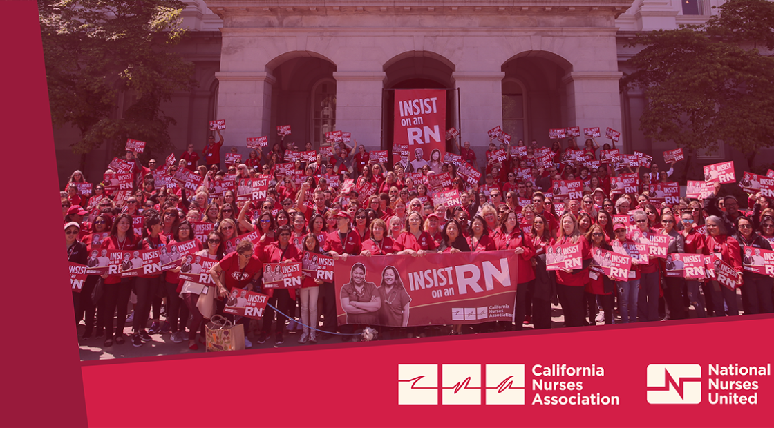 Large group of nurses outside CA Capitol building, CNA/NNU logo