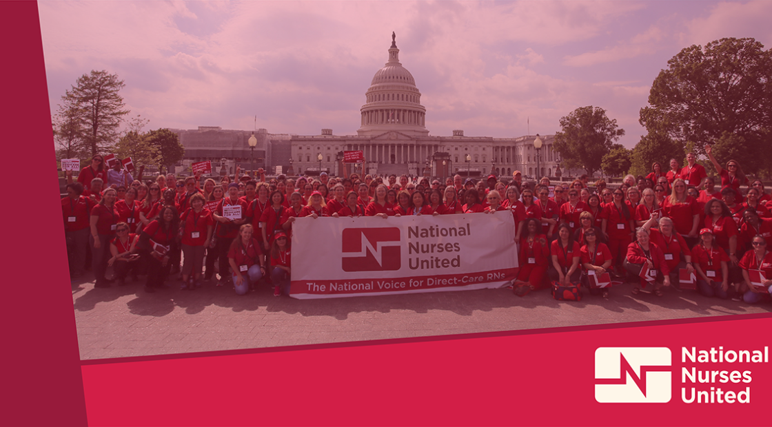 Large group of nurses outside Capitol building, NNU logo