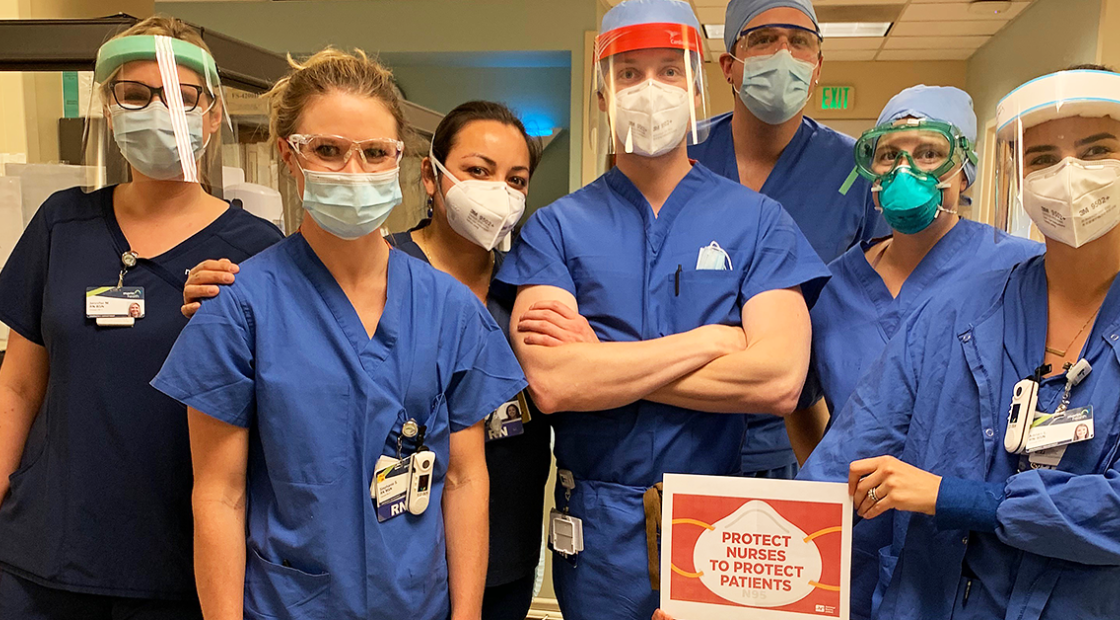 MarinHealth nurses in hospital. One sign "Protect nurses to protect patients"