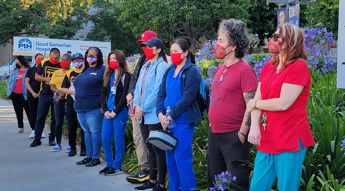 Line of nurses outside PIH Health Good Samaritan Hospital