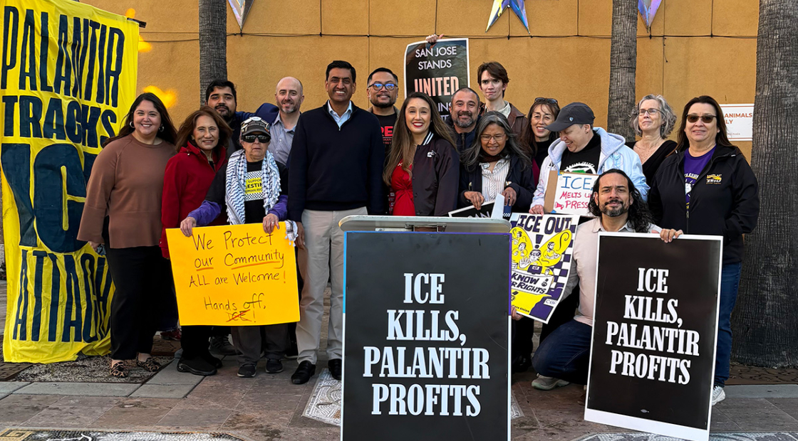 Rep. Ro Khanna (6th from left) with Purge Palantir coalition members at press conference at Kaiser Permanente Santa Clara (Feb 21, 2026)