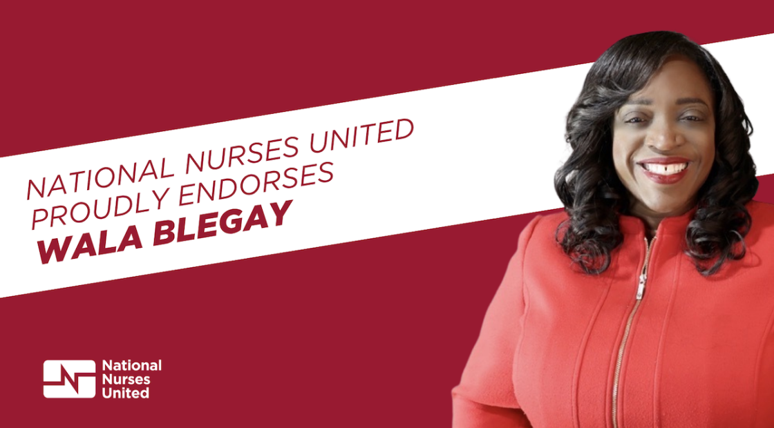 Wala Blegay headshot, text "NNU Proudly Endorses Wala Blegay"