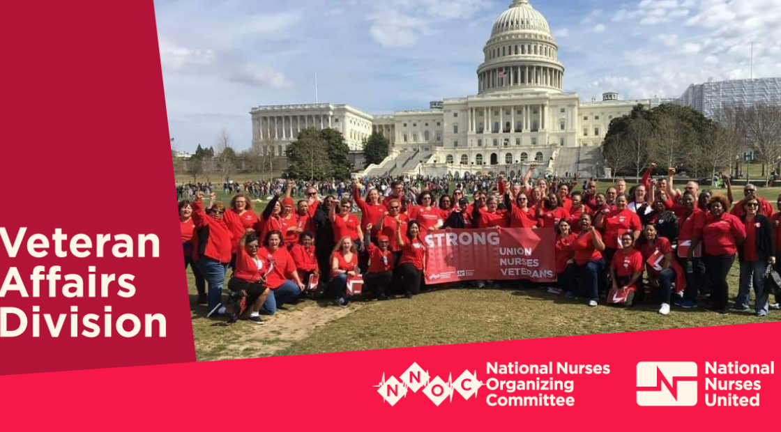 Nurses in front of U.S. Capitol holding banner "Strong Union, Nurses, Veterans"
