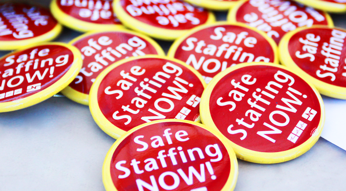 Pile of "Safe Staffing Now" buttons