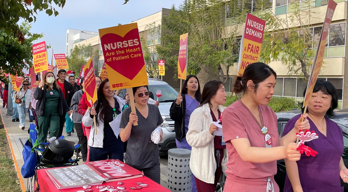Nurses on strike line outside Alhambra Hospital Medical Center