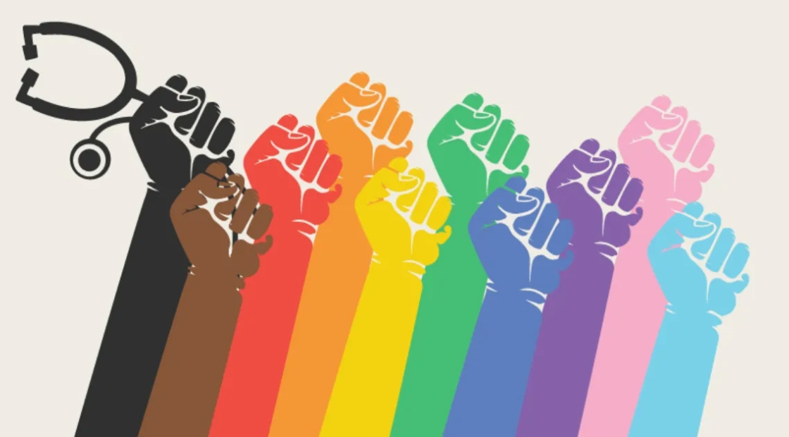 Graphic of pride flag colored raised fists