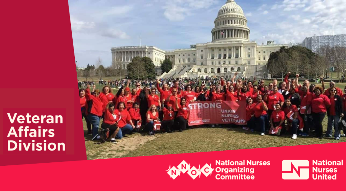 Nurses in front of U.S. Capitol holding banner "Strong Union, Nurses, Veterans"