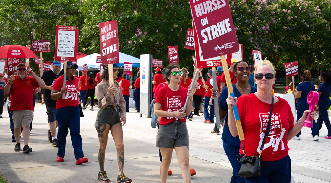Nurses on strike line outside hospital