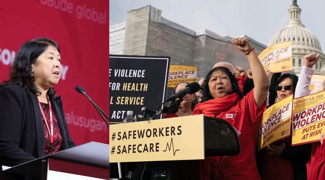 NNU President Zenei Trunfo-Cortez, RN, speaking at Global Nurses Solidarity Assembly in San Francisco in 2019, and in Washington, D.C