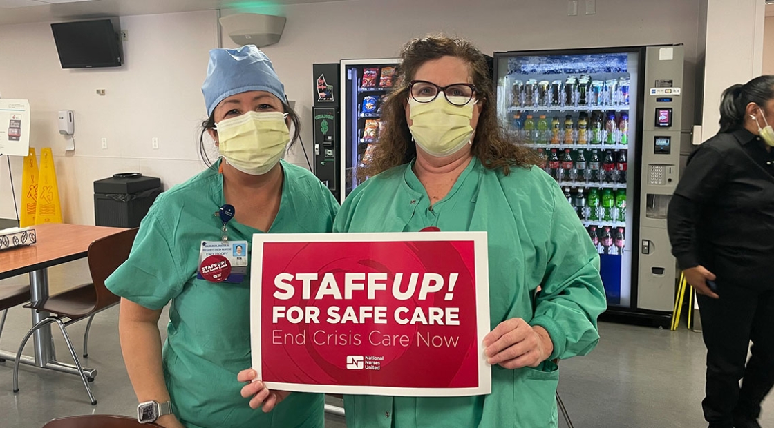 Dameron Hospital nurses holding sign that reads "Staff up for safe care!"