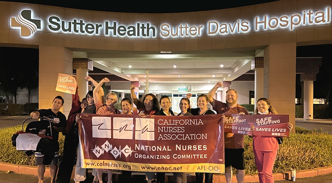Nurses at Sutter Davis holding up California Nurses Association banner.