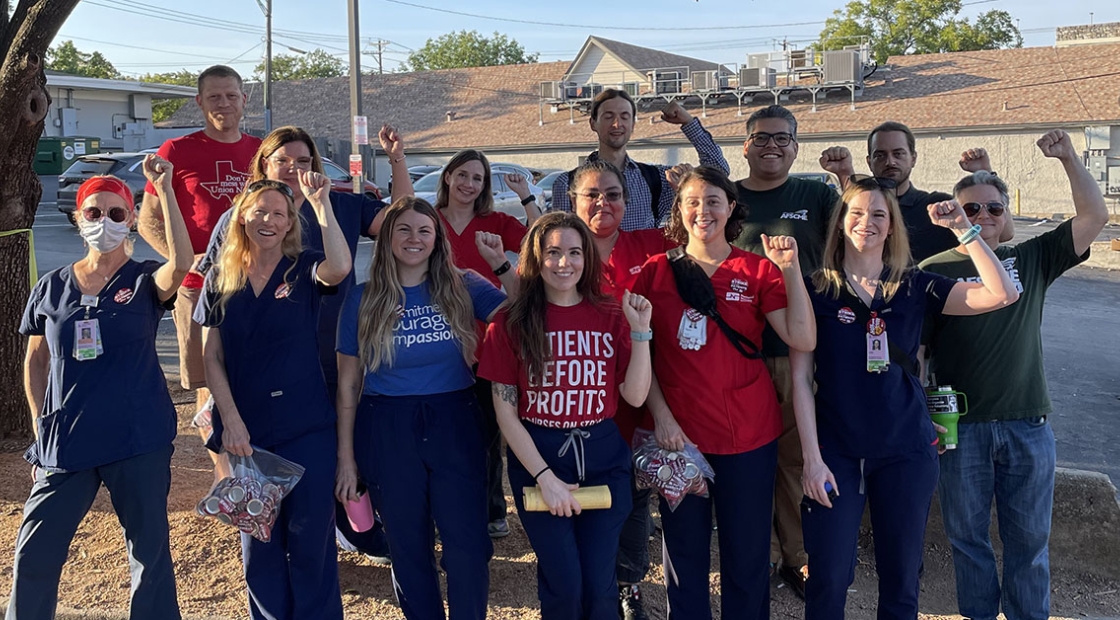 Austin nurses pose together at a safe staffing rally