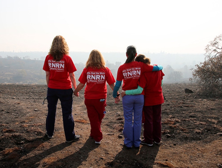 Group of 4 RNRN volunteers hold hands looking down on destruction caused by forest fire.