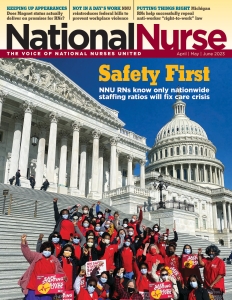 National Nurse Magazine cover image - Nurses outside Capitol building with raised fists holding signs "Safe Staffing Saves Lives"