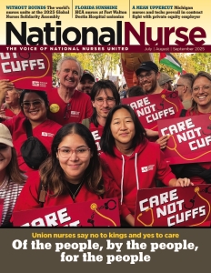Nurses smiling, holding signs "Care Not Cuffs"
