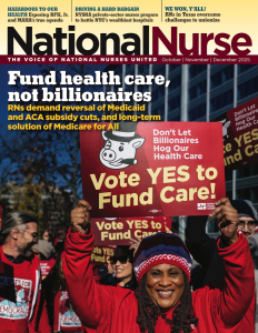 Nurse holds sign "Vote Yes to Fund Care"