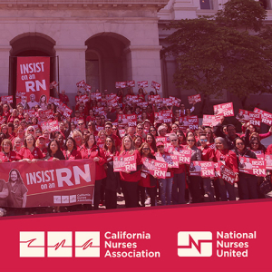Large group of nurses outside CA State Capitol building, CNA and NNU logos