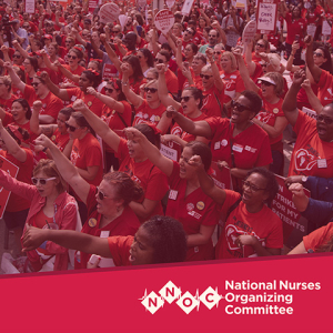 Large group of nurses with raised fists, NNOC logo