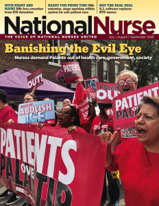 National Nurse Magazine Q3 2026 cover, nurses marching with banner "Patiens Over Palantir"