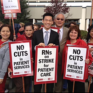 Evan Low visits strike line with nurses