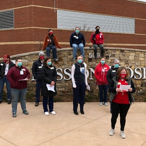 Large group of nurses outside HCA’s Mission Hospital 