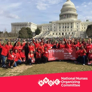 Nurses in front of U.S. Capitol holding banner "Strong Union, Nurses, Veterans"