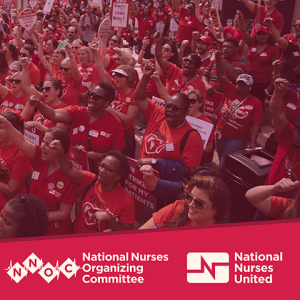 Old image of large group of nurses, fists raised, logo NNOC/NNU