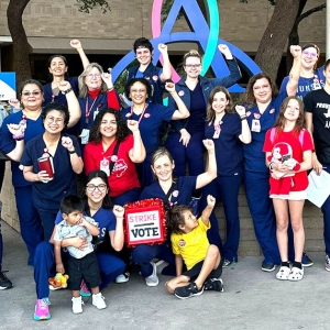 Registered nurses in Austin, Texas pose on strike line