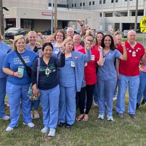 Group photo of Wichita nurses outside of Ascension Via Christi St. Francis and St. Joseph hospitals.