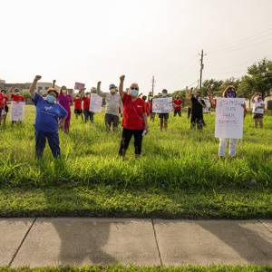 Large group of Corpus Christi nurses hold raised fists in field