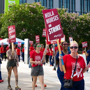Nurses on strike line outside hospital