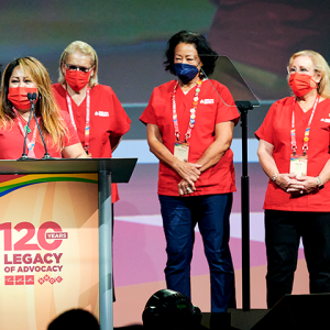 From left to right, incoming president Michelle Gutierrez Vo, RN; presidents Cokie Giles, RN, Cathy Kennedy, RN, and Sandy Reding, RN