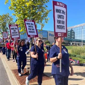 St. Louis nurses on the picket line holding signs that read "United for Our Patients"