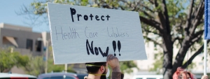 Protest sign outside hospital