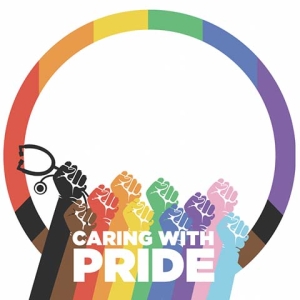 "Caring with Pride" raised fists graphic